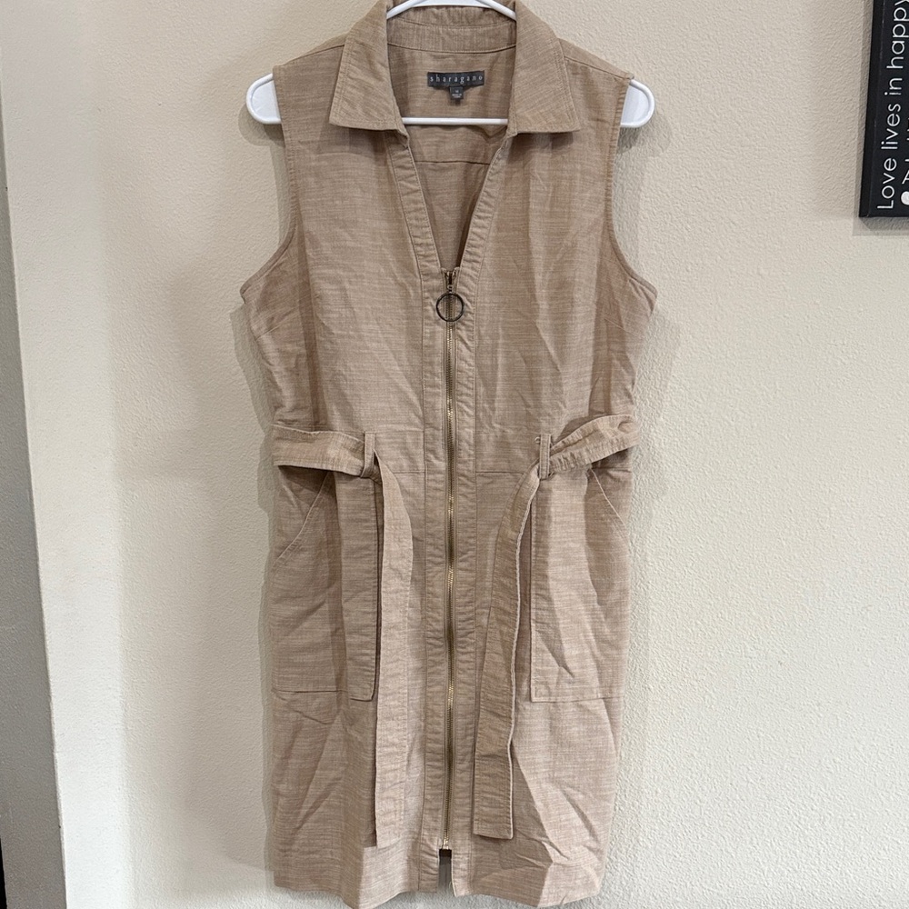 Sharagano Tan Sleeveless Dress Collar V Neck Zip Up Pockets Tie for Waist Size14
